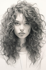 Drawing of curly-haired young woman, portrait