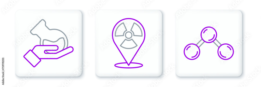 Poster set line molecule, test tube and flask and radioactive in location icon. vector