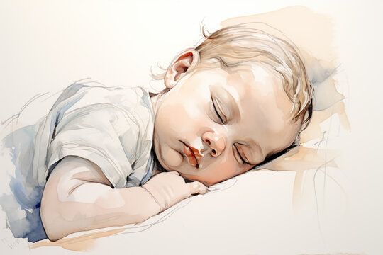 Watercolor portrait of infant baby sleeping