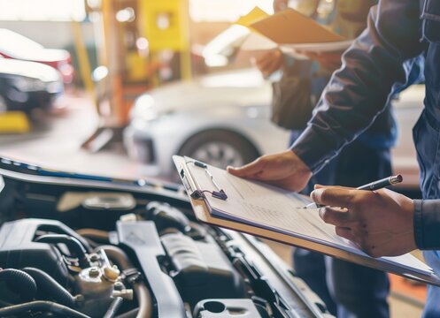 Auto check, car service shop concept. Automobile repairman writing job checklist on clipboard, mechanic checking engine to estimate repair machine, inspecting maintenance by engineer at vehicle garage
