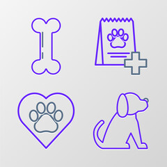 Fototapeta premium Set line Dog, Heart with animals footprint, Bag of food for dog and bone icon. Vector