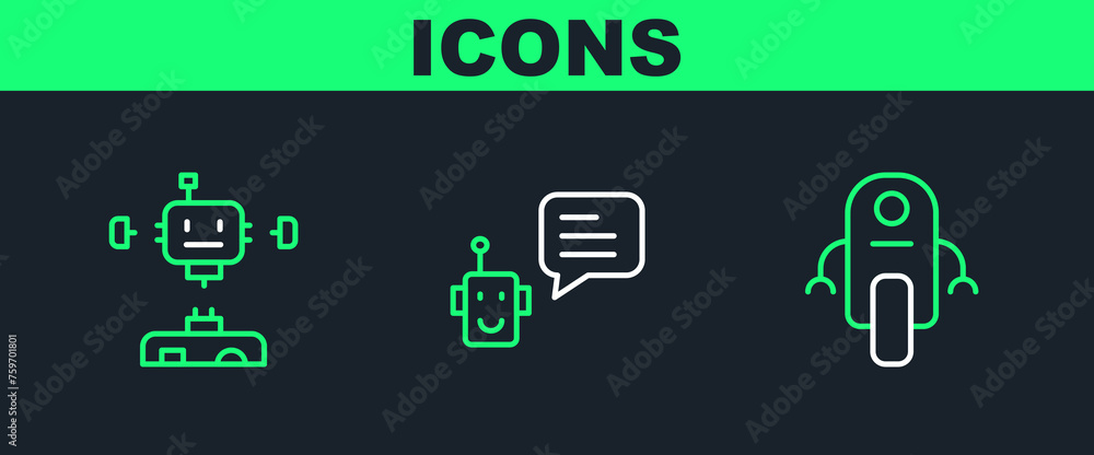 Poster set line robot, disassembled robot and bot icon. vector