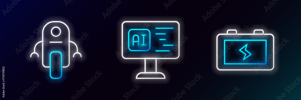 Poster set line battery, robot and software icon. glowing neon. vector