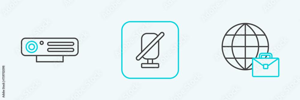 Poster set line online working, web camera and mute microphone icon. vector