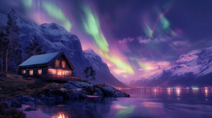 Cozy cabin nestled along the Norwegian fjords, surrounded by snow-capped peaks and the ethereal dance of the Northern Lights painting the night sky in vibrant colors