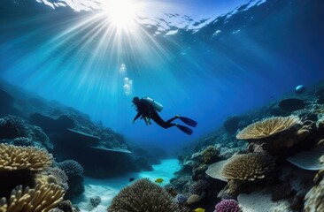 Fototapeta na wymiar Scuba diver swims underwater in the ocean,coral reef,underwater world