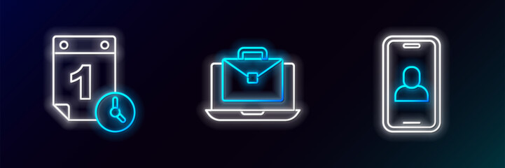 Set line Video chat conference, Time management and Online working icon. Glowing neon. Vector