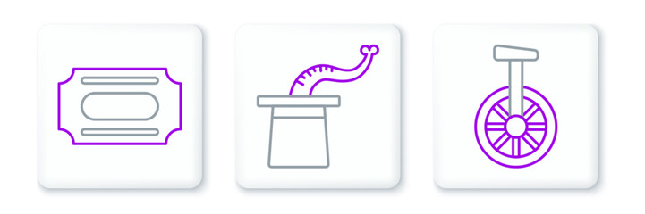 Set line Unicycle or one wheel bicycle, Circus ticket and Magician hat icon. Vector © Oksana
