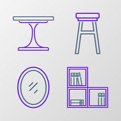 Set line Shelf with books, Mirror, Chair and Round table icon. Vector