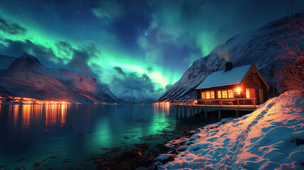 Cozy cabin nestled along the Norwegian fjords, surrounded by snow-capped peaks and the ethereal dance of the Northern Lights painting the night sky in vibrant colors