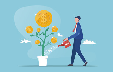 Investment growth, businessman nurturing money tree, Wealth management, man watering plant of coins, Passive income concept.