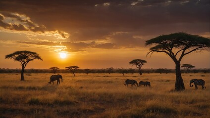 Fototapeta na wymiar Landscape of Africa with warm sunset.