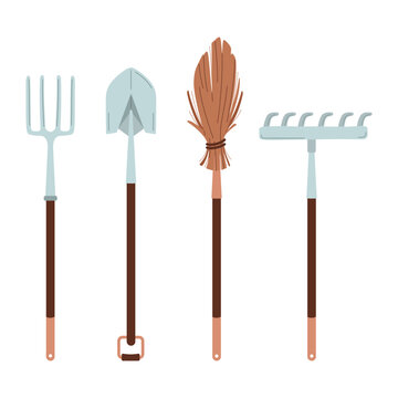 Collection of garden tools. Rake, shovel, pitchfork, broom. Items for gardening and farming.