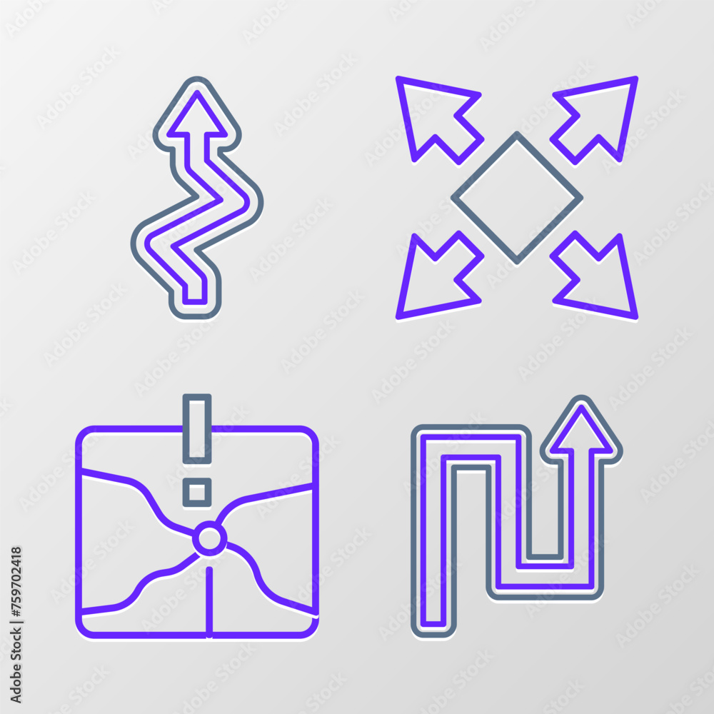 Poster set line arrow, intersection point, many ways directional arrow and icon. vector