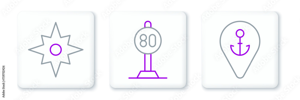 Poster set line location with anchor, wind rose and speed limit traffic icon. vector