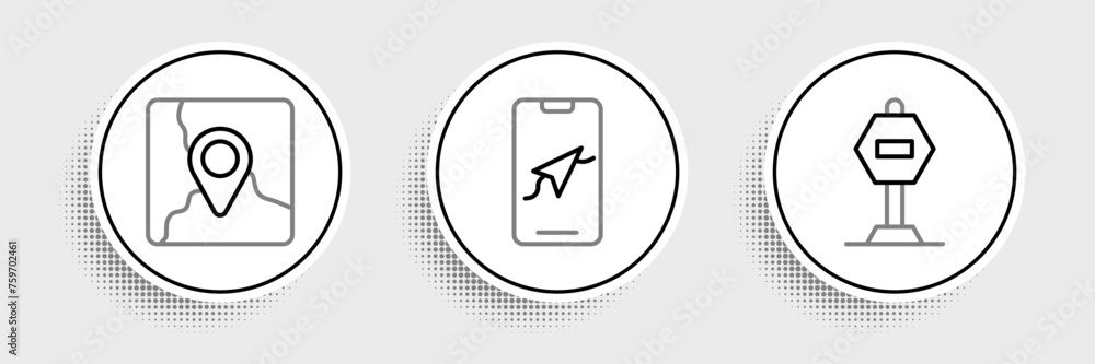 Poster set line stop sign, folded map with location marker and city navigation icon. vector