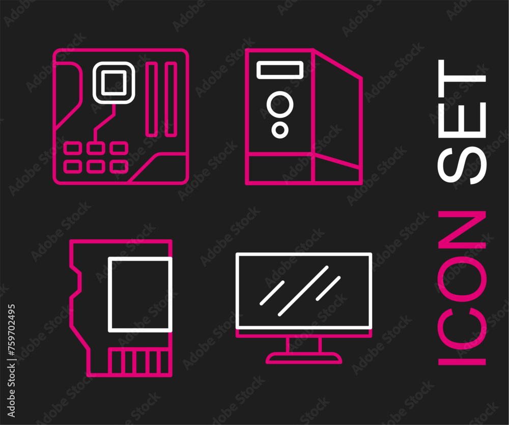 Poster set line computer monitor screen, sd card, case of computer and motherboard digital chip icon. vecto