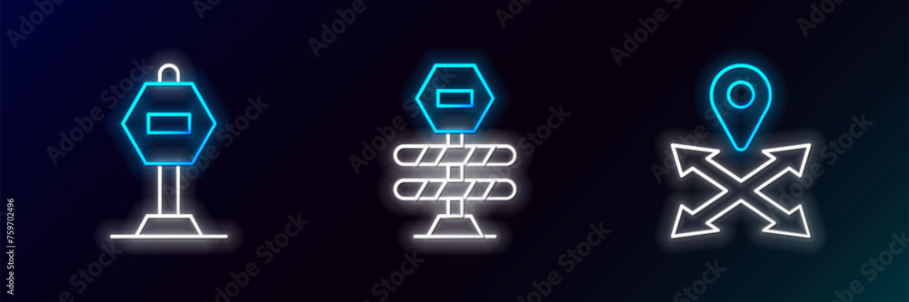 Wall mural set line location, stop sign and road barrier icon. glowing neon. vector