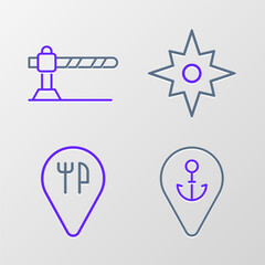 Set line Location with anchor, Cafe and restaurant location, Wind rose and Parking car barrier icon. Vector