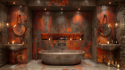 Luxurious bathroom with copper bathtub, rustic stone walls, and candle lighting. - obrazy, fototapety, plakaty