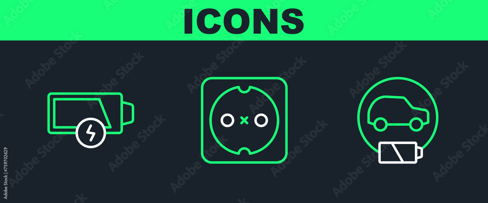 Sticker Set line Electric car, Low battery and Electrical outlet icon. Vector