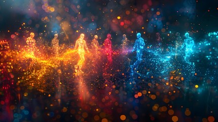 A group of people are dancing in a colorful, glowing, and blurry background