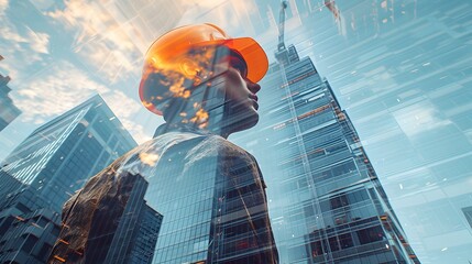 A construction worker wearing a hard hat stands in front of a tall building