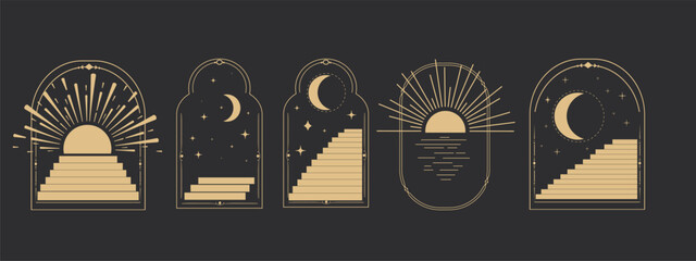 Set arch window line frame celestial, mystic with staircase, astrology symbols moon and sun, line border, minimal tattoo isolated. Esoteric spiritual icon.