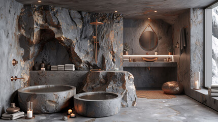 Luxurious modern bathroom with natural stone elements, double sinks, and elegant decor. - obrazy, fototapety, plakaty