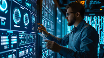 It specialist using virtual dashboard in Data Center. Big server farm cloud computing facility with maintenance engineer using touchscreen for global data