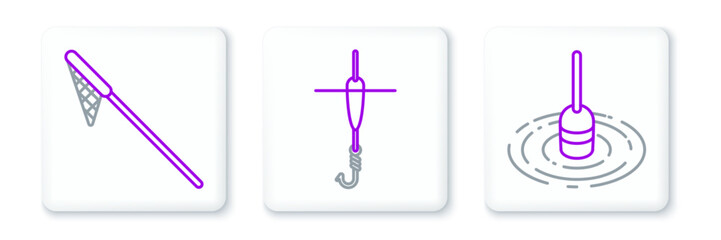Set line Fishing float in water, net and hook and icon. Vector © Oksana