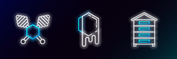 Set line Hive for bees, Honey dipper stick and Honeycomb icon. Glowing neon. Vector