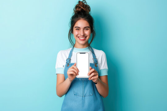 Cheerful young woman wearing blue apron holding a smartphone mockup white screen standing against blue background
