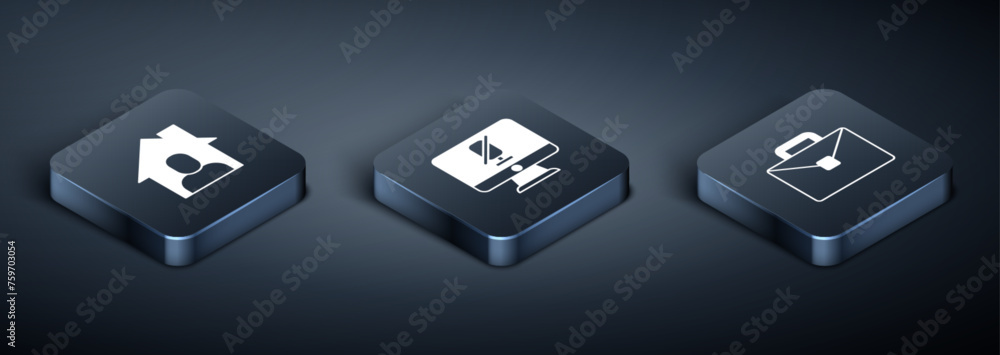 Poster set isometric online working, briefcase and mute microphone on computer icon. vector