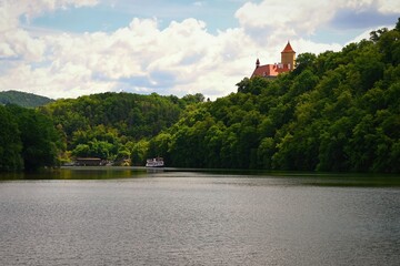 Obraz premium Beautiful Gothic castle Veveri. The city of Brno at the Brno dam. South Moravia - Czech Republic - Central Europe. Spring landscape.
