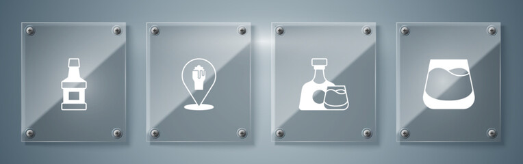 Set Glass of whiskey, Whiskey bottle and glass, Alcohol or beer bar location and . Square glass panels. Vector