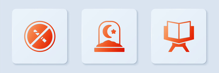Set Muslim cemetery, No Smoking and Holy book of Koran. White square button. Vector