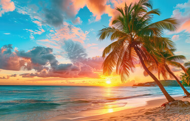 Fototapeta na wymiar Beautiful sunset on the beach with palm trees in a Caribbean island, Barbados