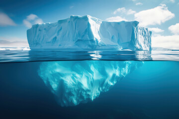 Lone iceberg in the ocean, iceberg above the water and under water floating in the serene sea