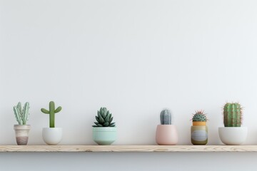 Fototapeta na wymiar different cacti in simple colored pots stand on wooden shelf, the wall is white; wall with empty space