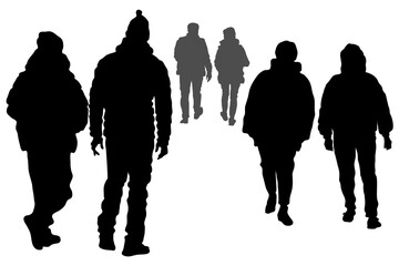 Vector silhouettes of people walking forward, backward. Men and women in pairs back view, crowd of pedestrians, in warm clothes