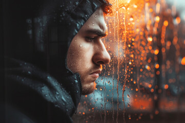 Man looking through a rainy window in mood of sadness and depression