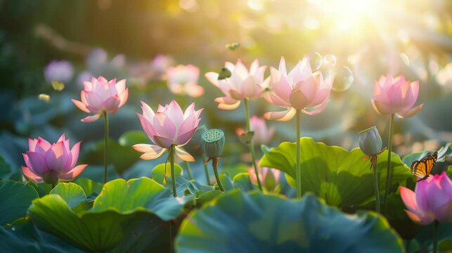 a beautiful stretch of lotus flowers perched on beautiful butterflies. seamless looping time-lapse virtual video Animation Background.