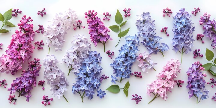 beautiful vibrant pressed pink, purple, blue, and white lilac flowers in the garden, Boho style, hd, minimalist, white background