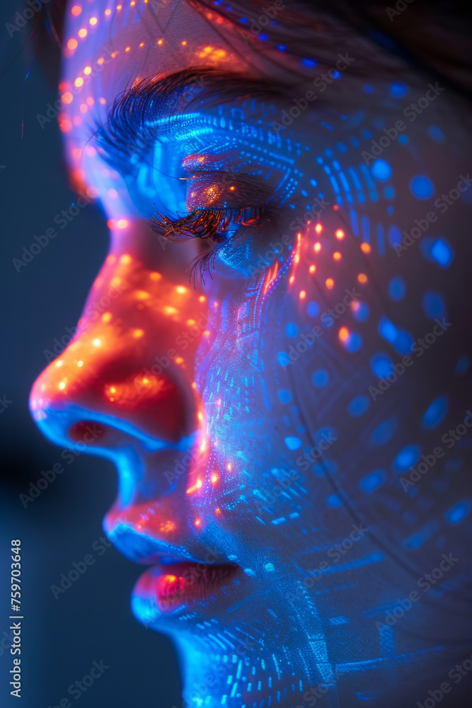 Poster close-up of a woman's face illuminated by a patterned blue and red light, creating a futuristic and 