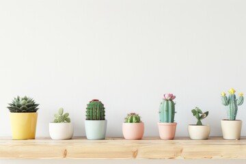 different cacti in simple colored pots stand on wooden shelf, the wall is white; wall with empty space