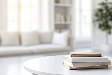 Fototapeta premium White table with books over a blurred modern white living room in the background