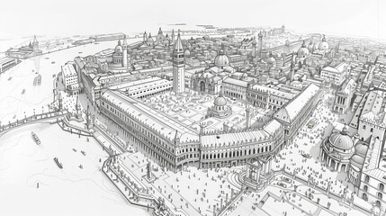 Detailed sketch of an expansive, historic cityscape.