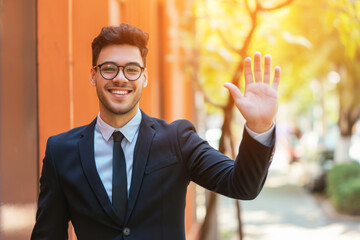 Young business man wearing suit waving hand saying hello happy and smiling