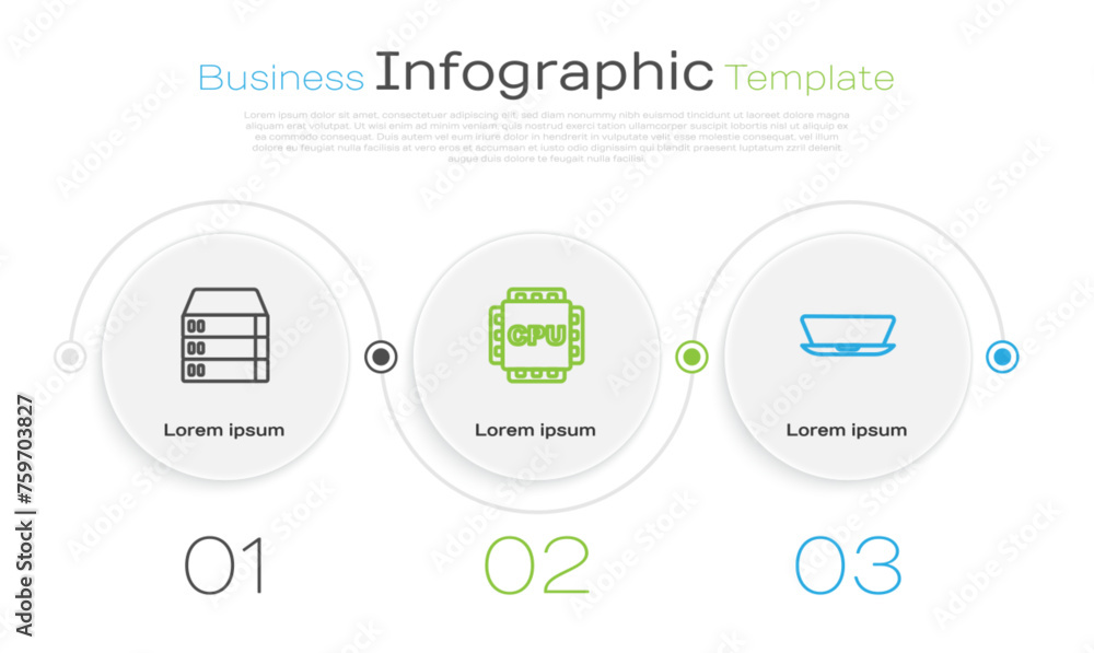 Poster set line server, data, web hosting, processor with cpu and laptop. business infographic template. ve